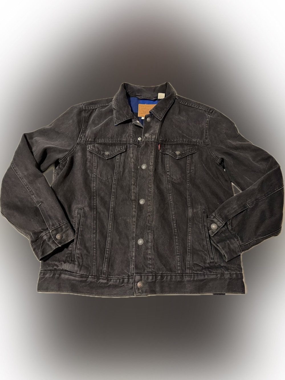Levi's Black Trucker Denim Jacket Blue Buffalo Plaid Lined Size L Vtg USA